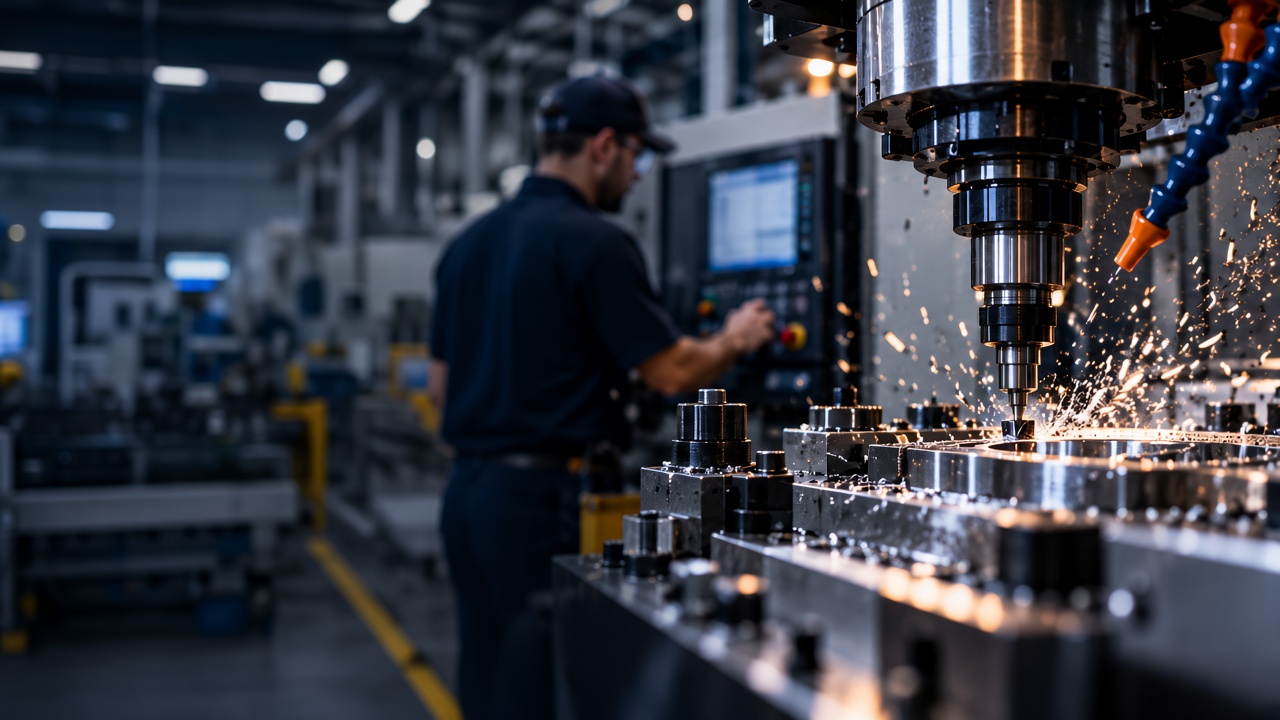 CNC machining with sparks in a modern shop